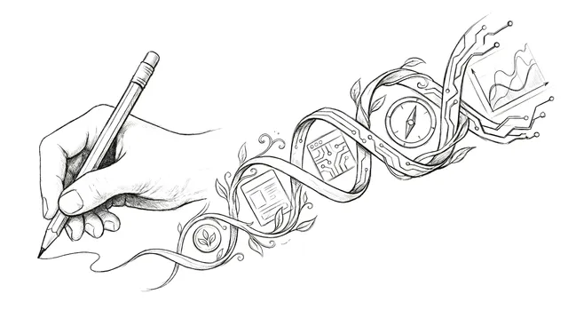 A hand drawing a double helix intertwined with design and technology symbols — leaves, circuit boards, a compass, and data charts — representing the fusion of design vocabulary and code literacy as a superpower