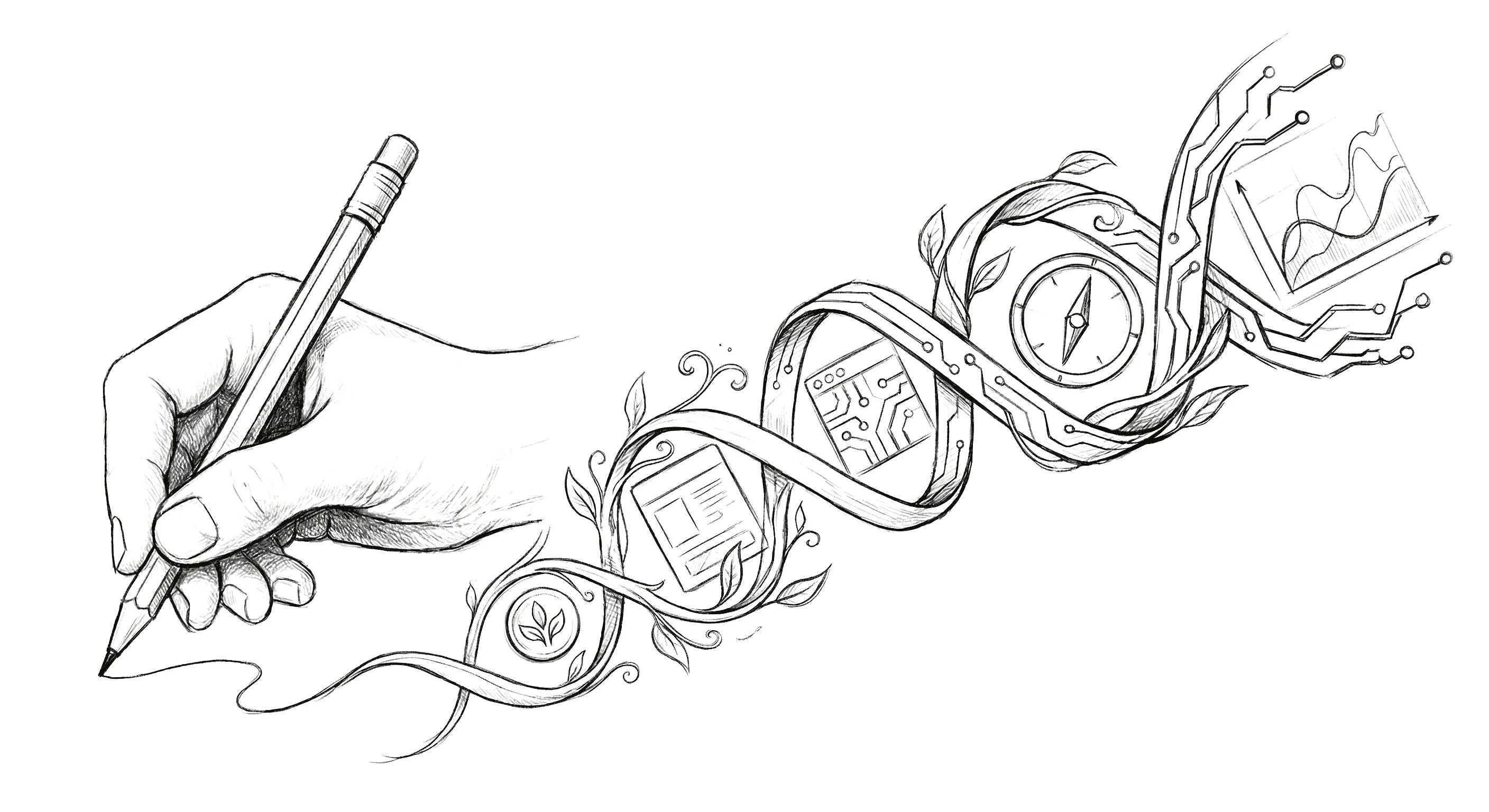 A hand drawing a double helix intertwined with design and technology symbols — leaves, circuit boards, a compass, and data charts — representing the fusion of design vocabulary and code literacy as a superpower