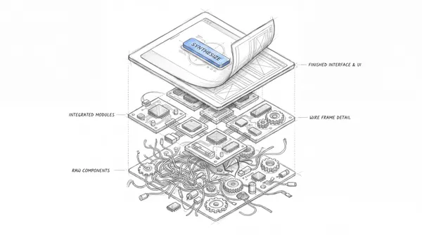 An exploded isometric pencil sketch of an interface in three stacked layers — raw components and loose wiring at the bottom, integrated circuit modules in the middle, and a finished UI screen on top carrying the drawing's only spot of color, a blue button