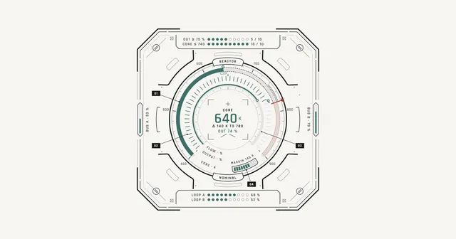 The Kestrel's reactor gauge in ink and gray linework on a warm paper ground, with forest-green markers on the moving rings