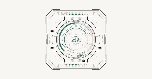 The Kestrel's reactor gauge in ink and gray linework on a warm paper ground, with forest-green markers on the moving rings