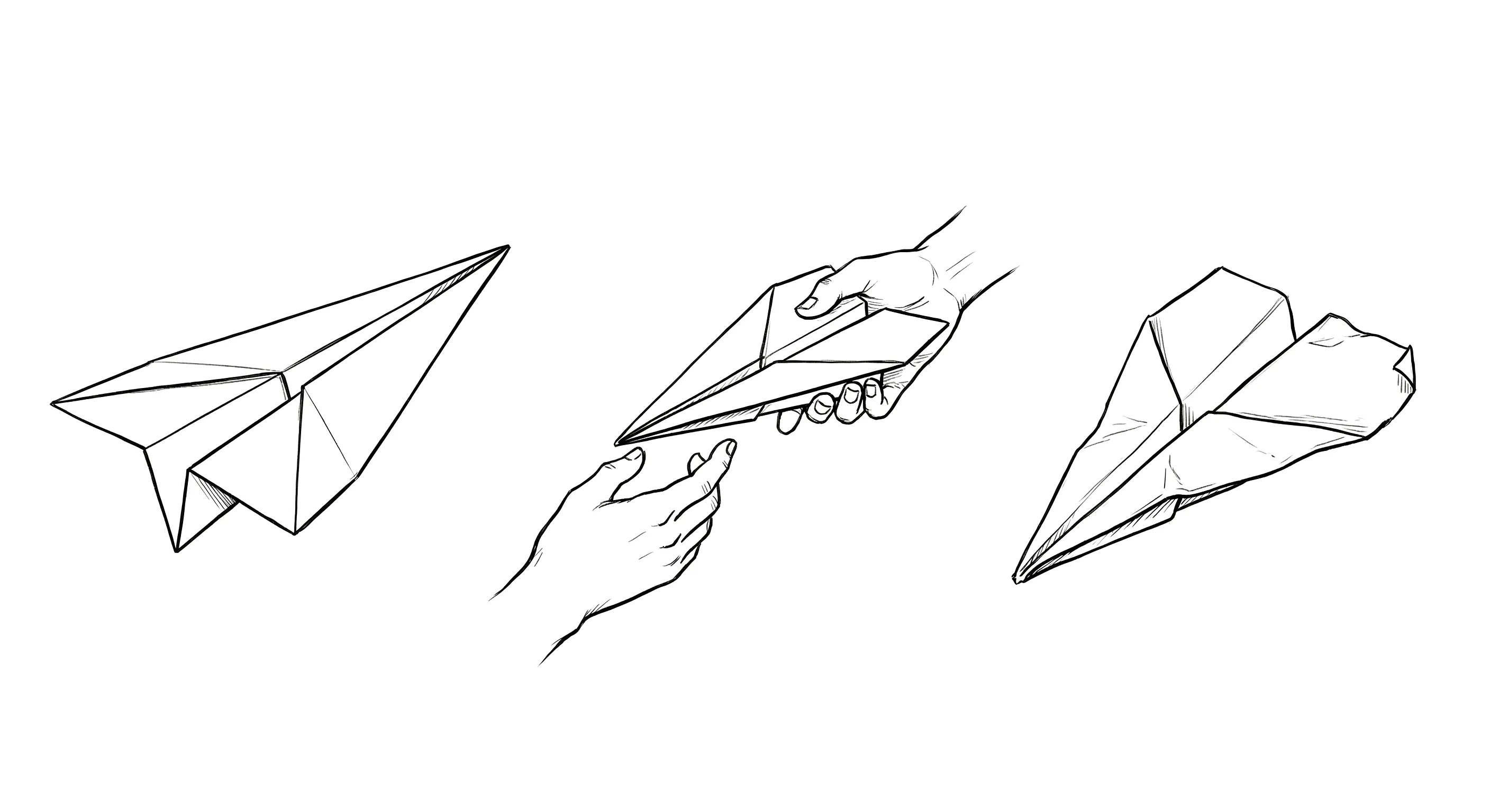 Three paper airplanes in ink sketch style — one in flight, one gripped mid-launch by a hand, and one crumpled after landing — representing the design handoff process and its inevitable loss of fidelity