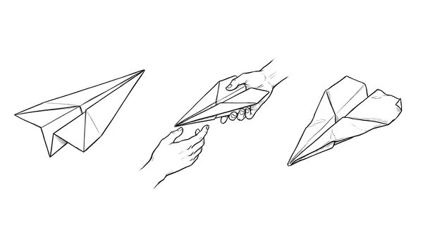 Three paper airplanes in ink sketch style — one in flight, one gripped mid-launch by a hand, and one crumpled after landing — representing the design handoff process and its inevitable loss of fidelity