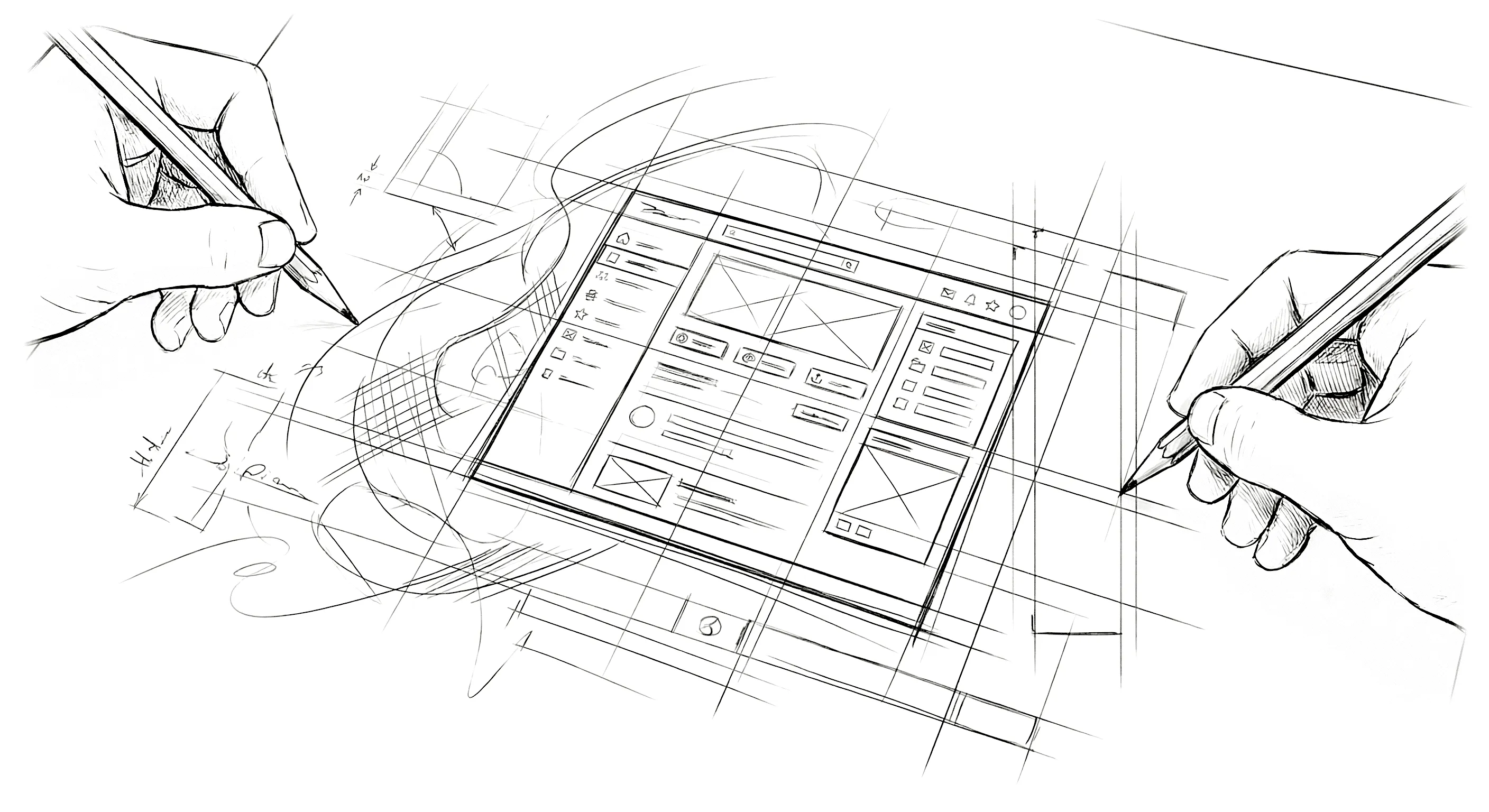 Two hands sketching a wireframe layout together on a tablet, one with a pen and one with a pencil, representing the collaborative conversation between designer   and     AI