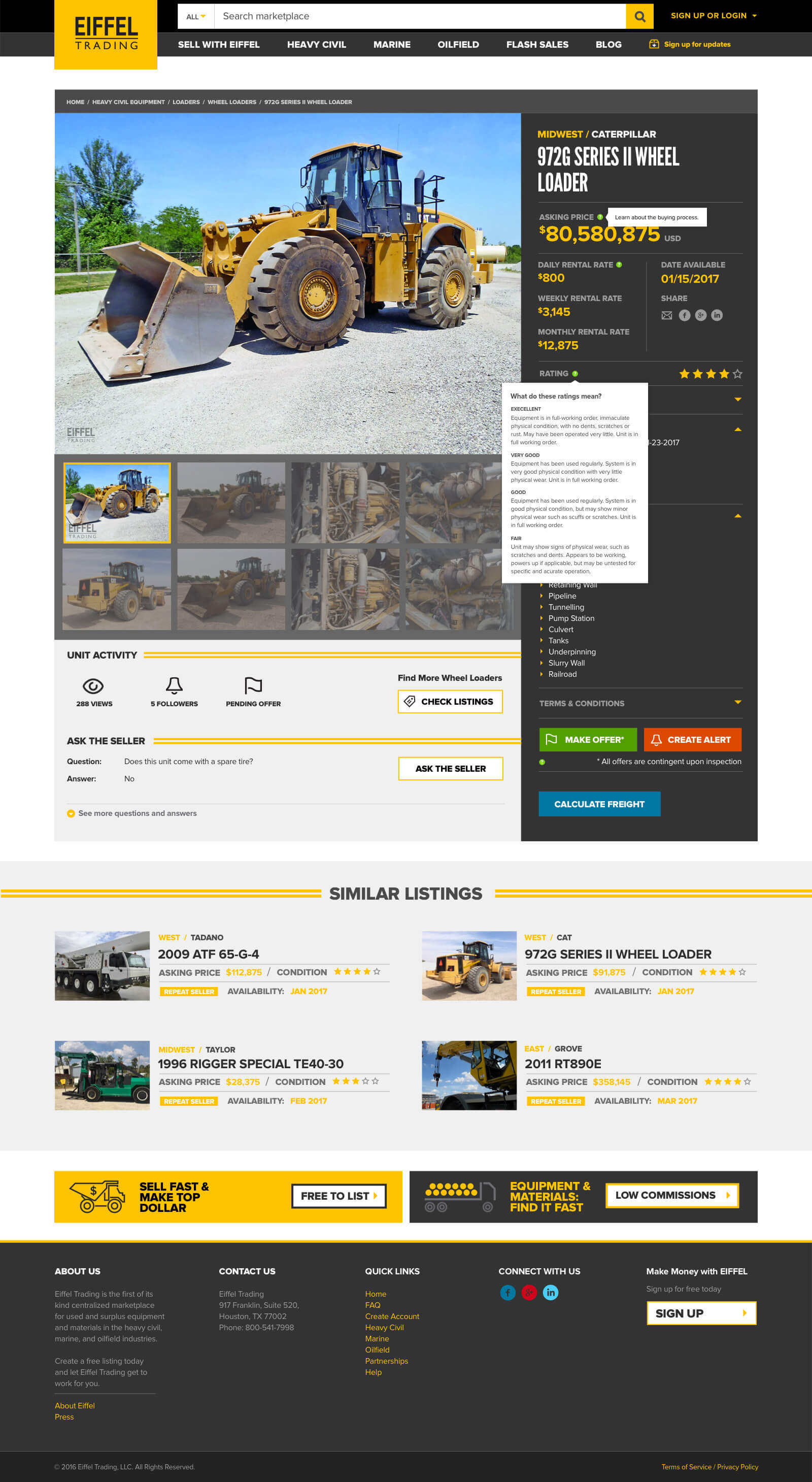 A single equipment listing with photos, specs and pricing