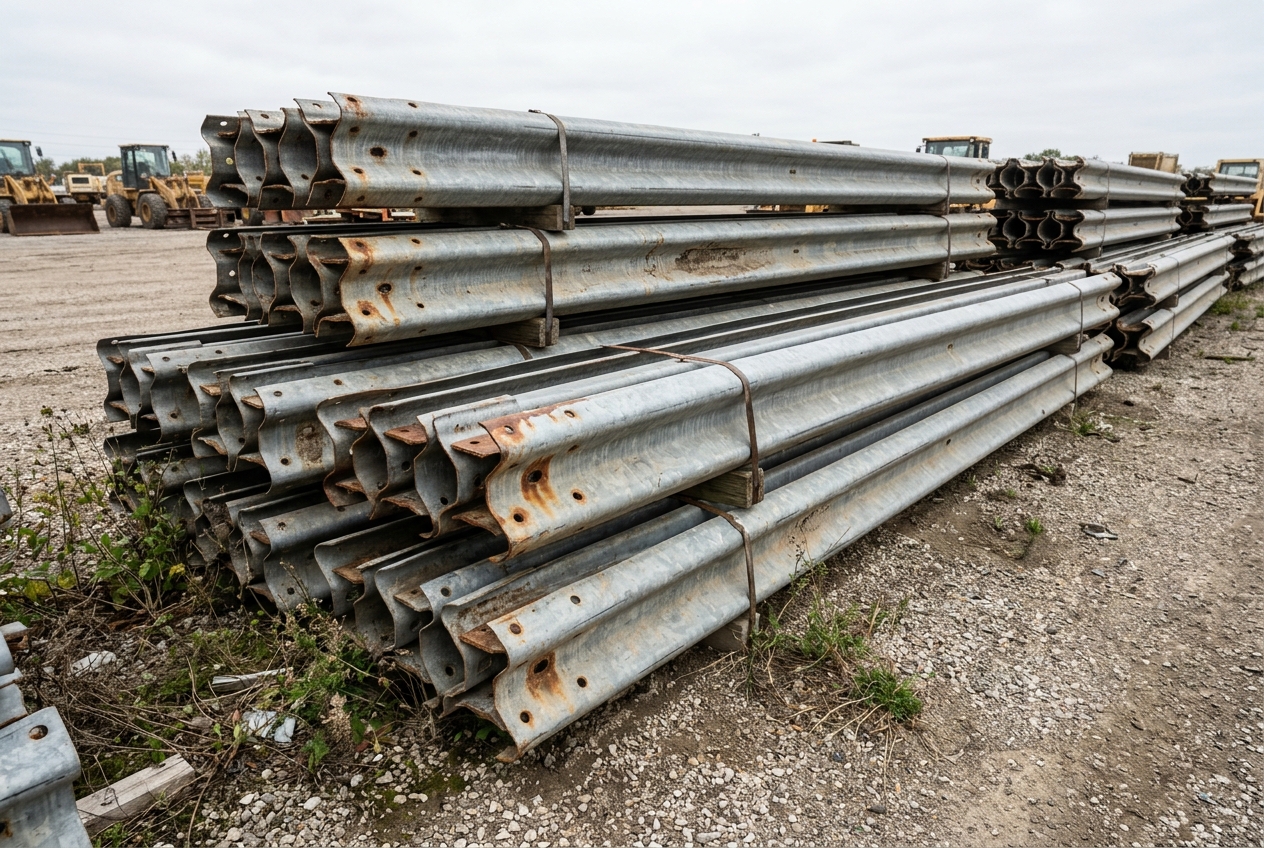 A stacked pallet of salvaged W-beam guardrail in a yard