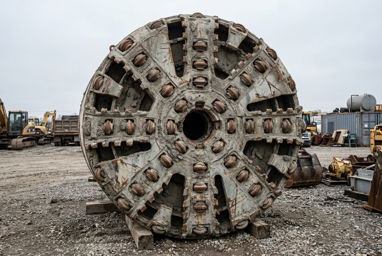 A used earth pressure balance tunnel boring machine cutterhead in a yard