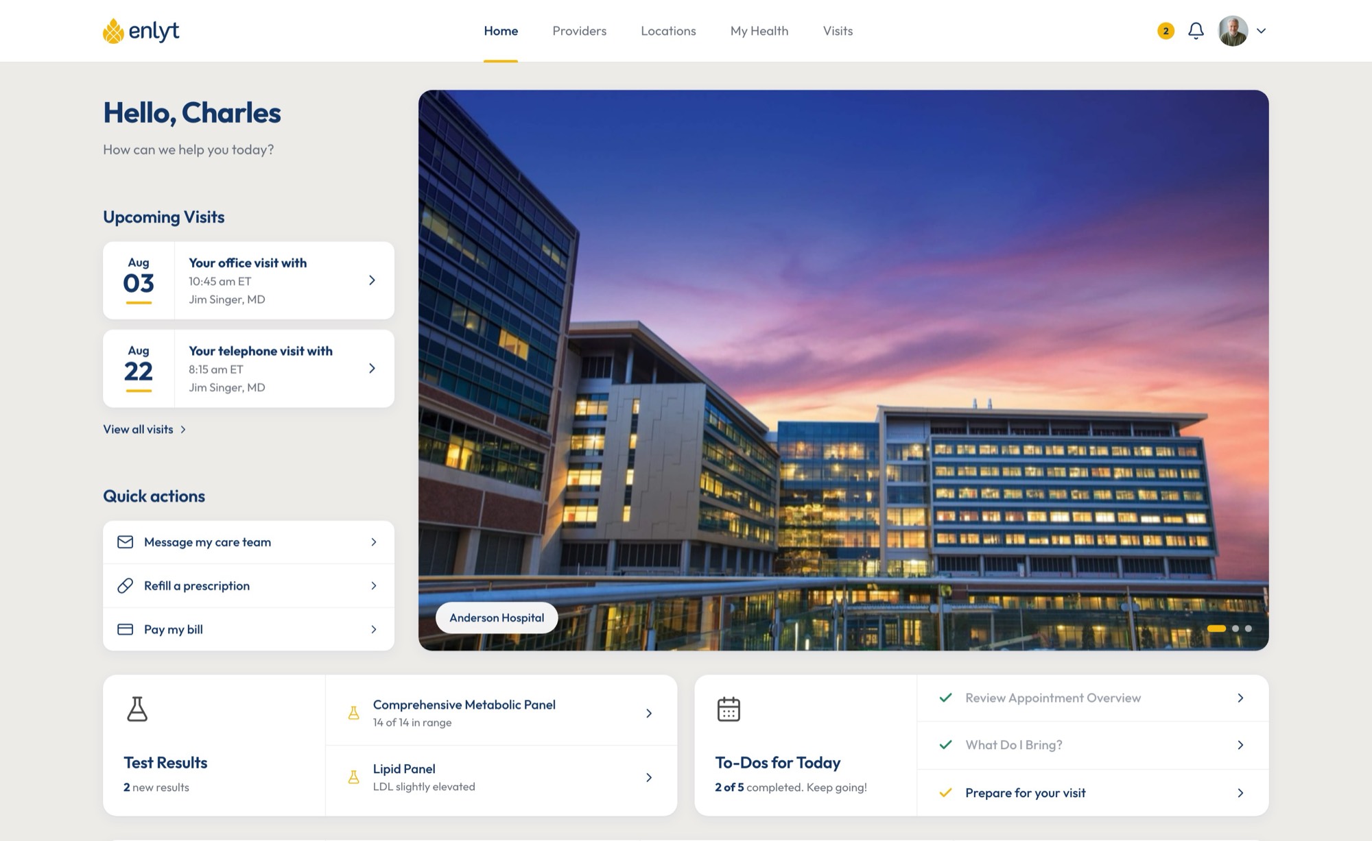 The Enlyt Health web patient portal home screen