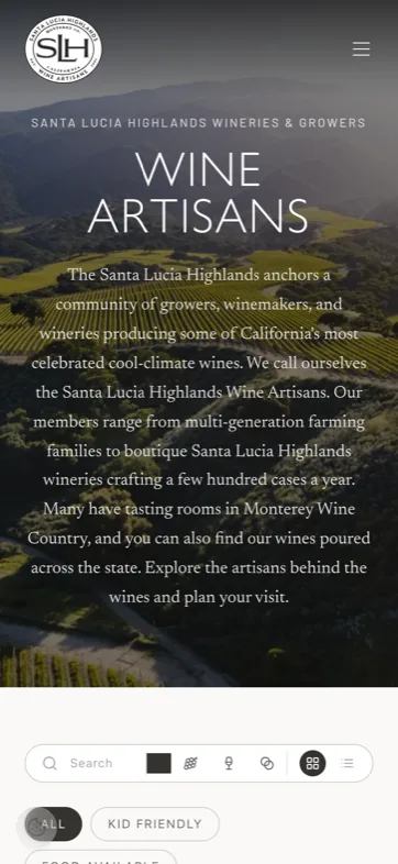 Wine Artisans member directory on a phone — intro hero with search and category filters
