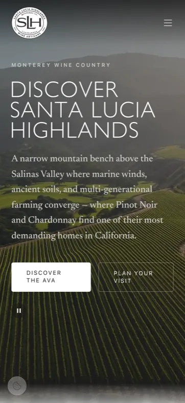 Santa Lucia Highlands homepage on a phone — cinematic video hero with pause control