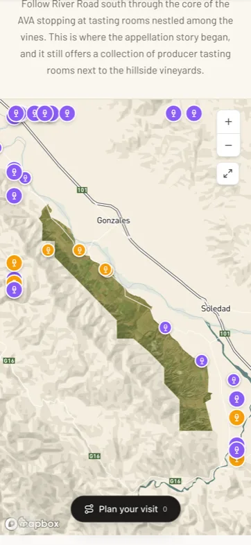 Visit trip planner on a phone — tasting rooms and points of interest with a plan-your-visit tray