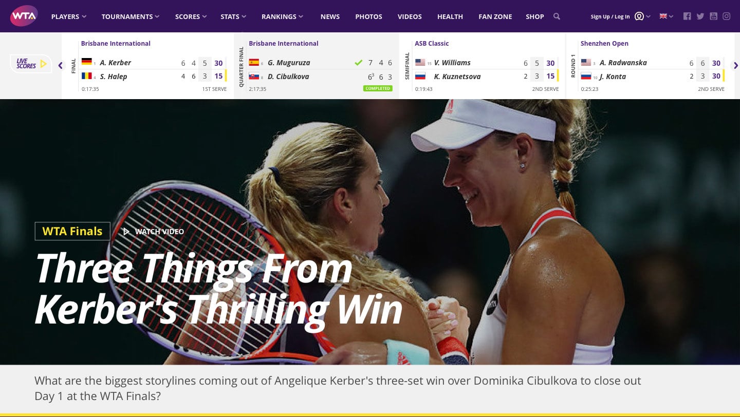 The WTA home page as it shipped in 2016: masthead, a live-score strip across the top, and a full-bleed match report headlined "Three Things From Kerber's Thrilling Win"