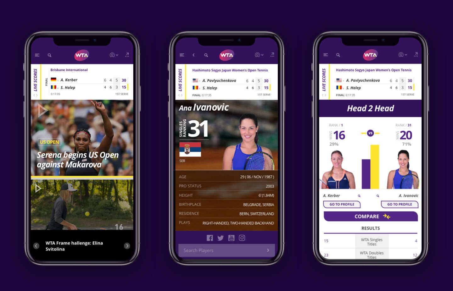 Three phone screens from the 2016 design: the home page, a player profile for Ana Ivanovic, and the head-to-head comparison